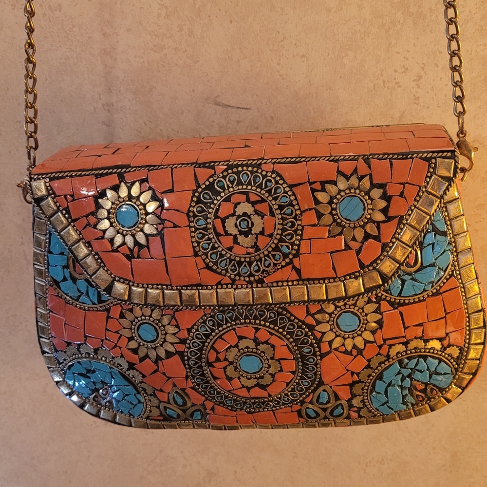 ANTIK KRAFT-iron, clay, and shell Orange and Blue Patterned Women's Bag - Picture 2 of 6